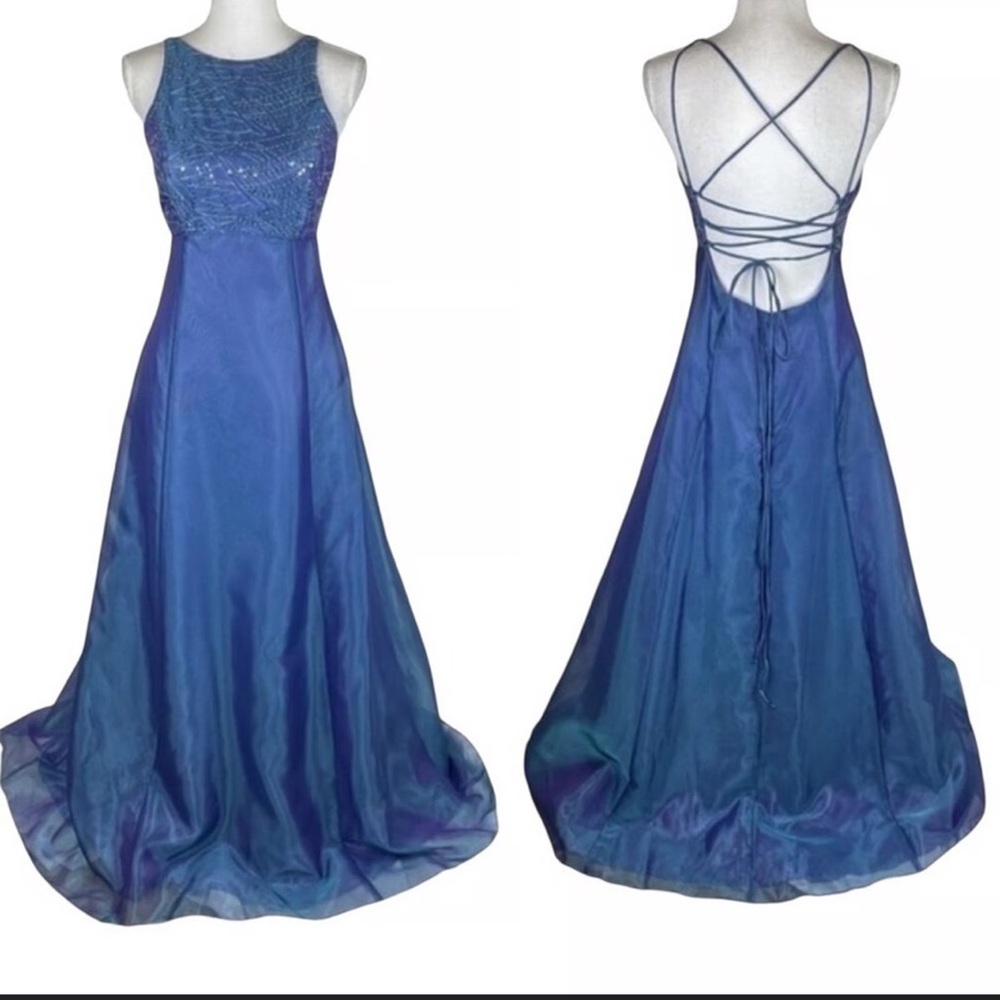 Betsy & Adam Embroidered Beaded Color Shifting Periwinkle Maxi Chiffon Dress 10